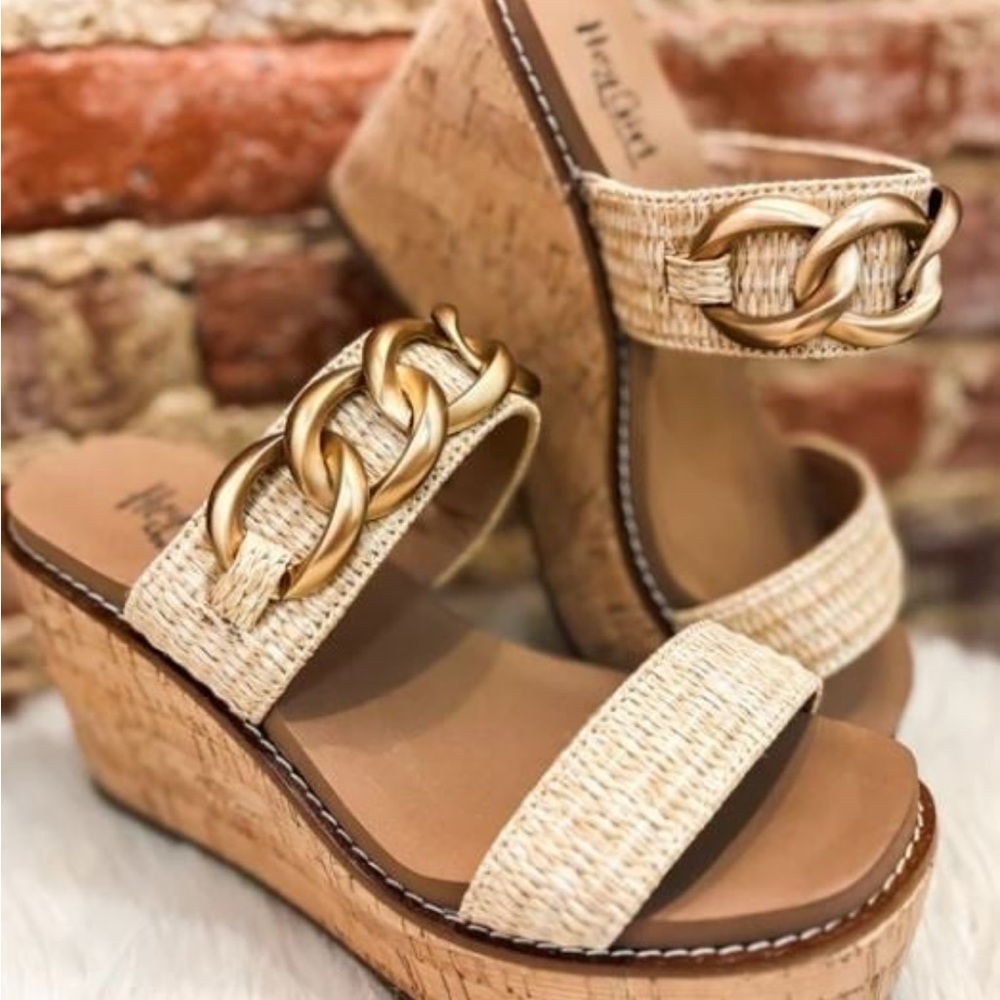 New Corky’s - On Vacay Raffia - Women's Wedge Sandals - Gold and Tan size 9